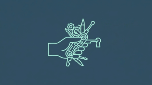 My Self Tree - Icon of a hand holding a complex tool with multiple gears that does not fit into a lock, representing overly complicated anxiety coping mechanisms.