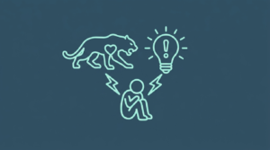 My Self Tree - Comparison icon showing a predator on the left and a lightbulb with an exclamation mark on the right, both sending identical lightning lines to an anxious person.