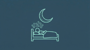 My Self Tree - Line art of a person lying in bed under a large crescent moon with tiny swirling lines above the head symbolizing mind expansion and anxiety at night.