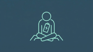 My Self Tree - Icon of a person sitting in a quiet posture with an empty battery symbol inside the silhouette representing hidden physiological anxiety exhaustion.