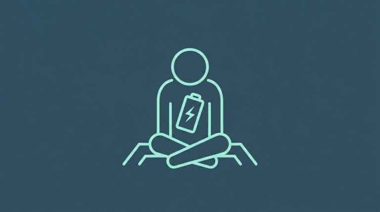 My Self Tree - Icon of a person sitting in a quiet posture with an empty battery symbol inside the silhouette representing hidden physiological anxiety exhaustion.
