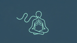 My Self Tree - Line art of a sitting person with visible lungs and a smooth wavy line exhaling from the head depicting a relaxed, prolonged exhale out of anxiety.
