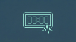 My Self Tree - Minimalist clock face showing exactly 03:00 with a sudden pulse rate curve breaking out of the number three representing a nighttime cortisol switch.
