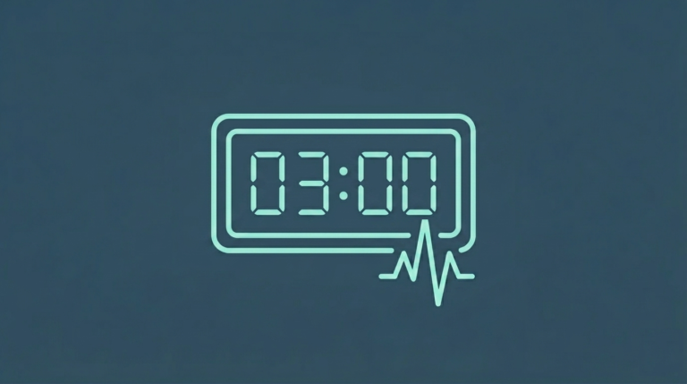 My Self Tree - Minimalist clock face showing exactly 03:00 with a sudden pulse rate curve breaking out of the number three representing a nighttime cortisol switch.